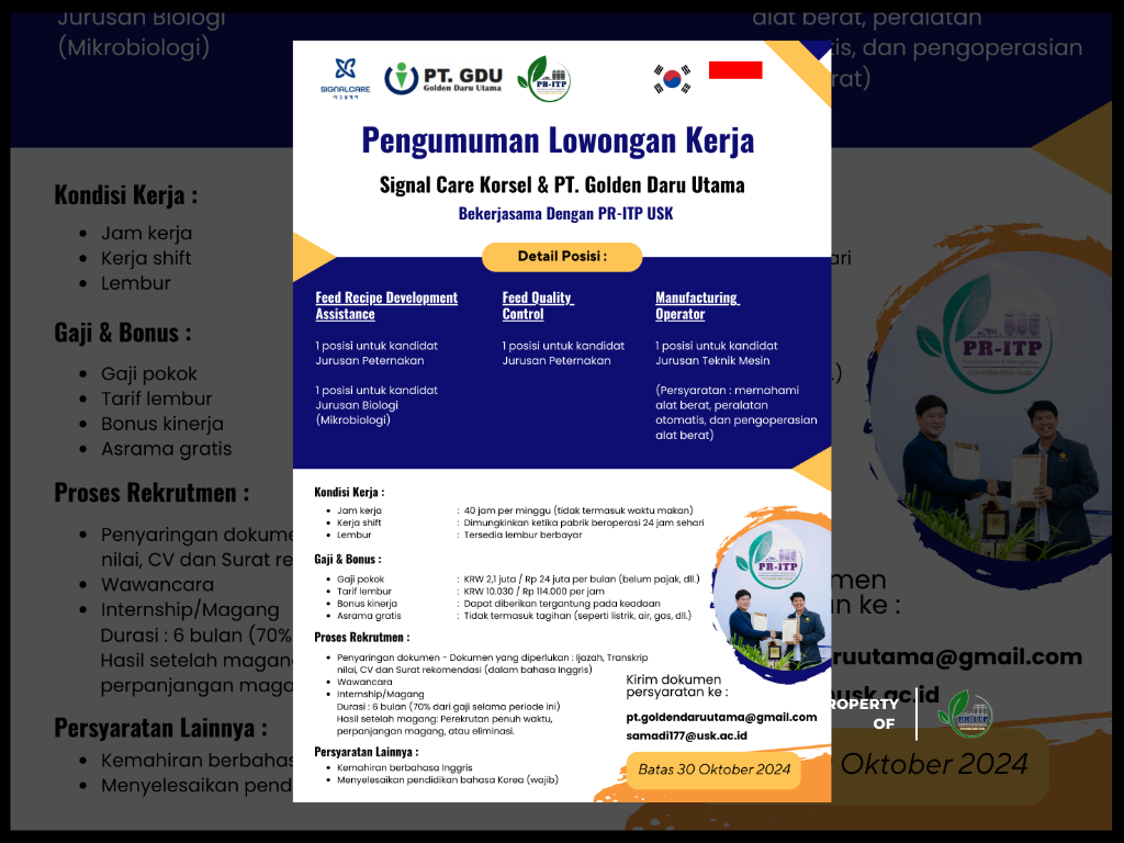 Peluang Karir Internasional di Industri Pakan Ternak: PT. GDU Bekerjasama dengan PR-ITP USK Buka Rekrutmen Kerja untuk Signal Care Korea Selatan
