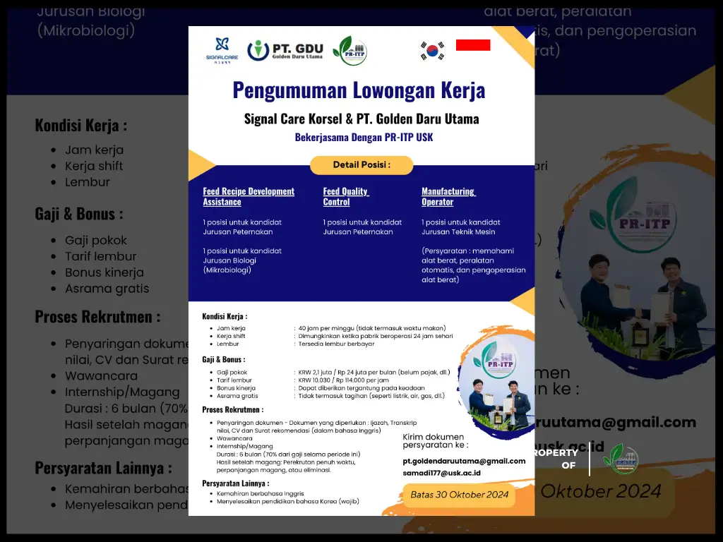 Peluang Karir Internasional di Industri Pakan Ternak: PT. GDU Bekerjasama dengan PR-ITP USK Buka Rekrutmen Kerja untuk Signal Care Korea Selatan